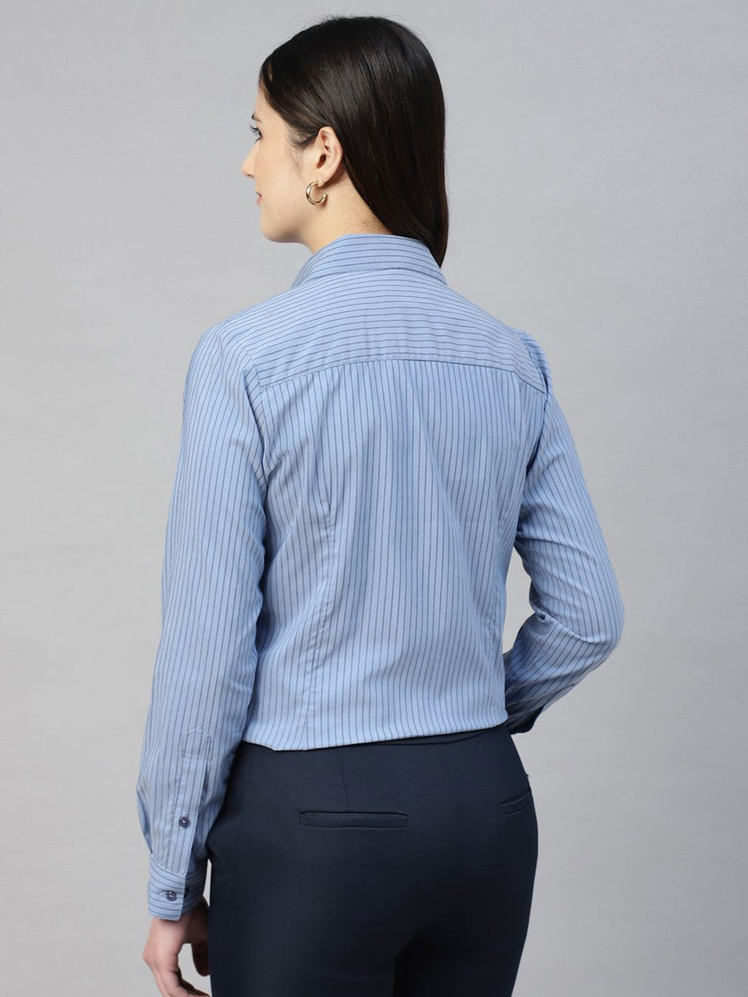 Hancock Women Blue Stripe Cotton Elastene Regular Fit Formal Shirt