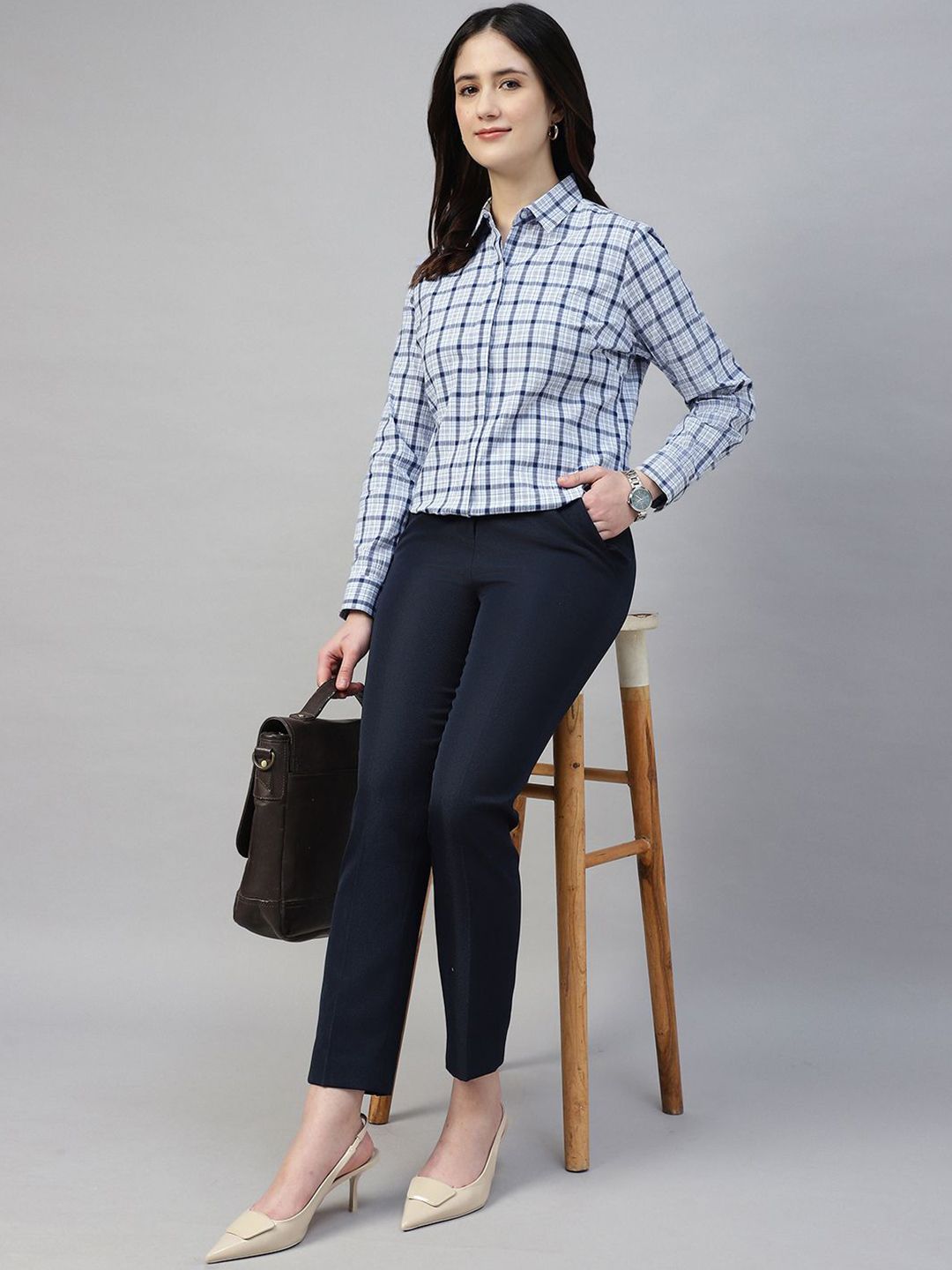 Hancock Women Blue Check Pure Cotton Regular Fit Formal Shirt