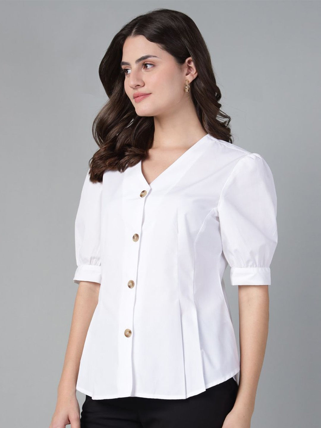 Hancock Women White Solid Pure Cotton V-Neck Pleated Regular Fit Formal Shirt