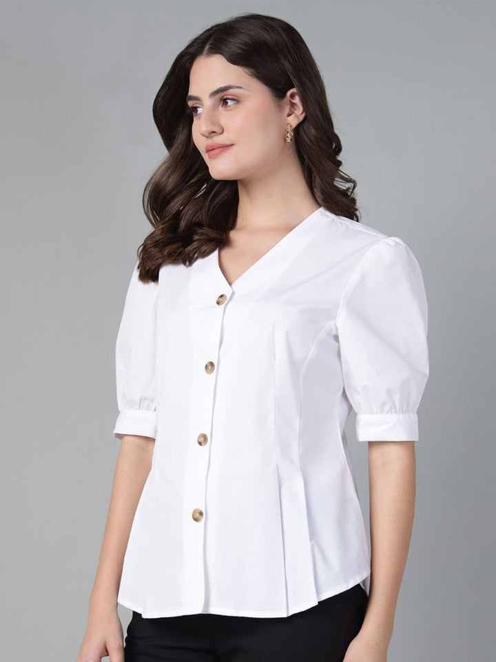 Hancock Women White Solid Pure Cotton V-Neck Pleated Regular Fit Formal Shirt