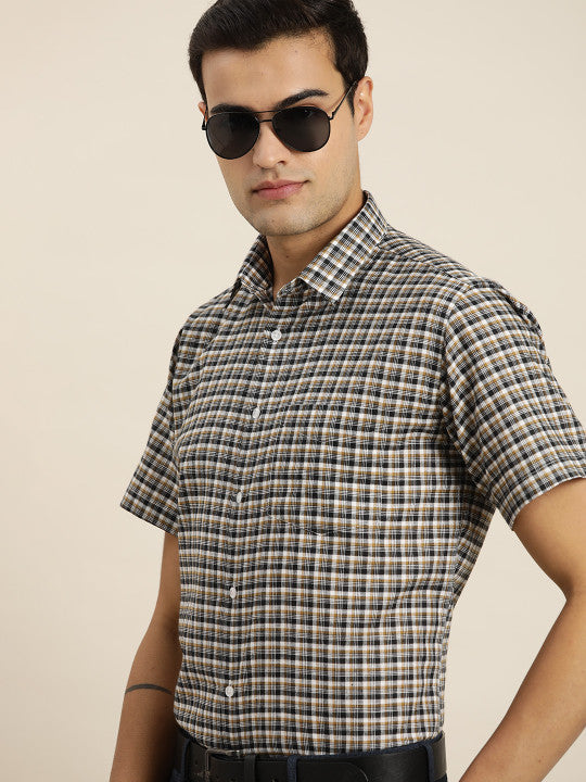 Men White & Brown Checked Cotton Rich Regular Fit Formal Shirt