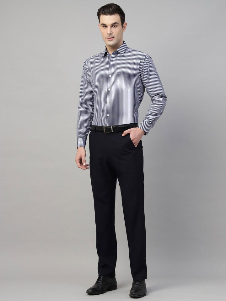 Navy &amp; white vertical striped wrinkle ressistant cotton blend long sleeves shirt 