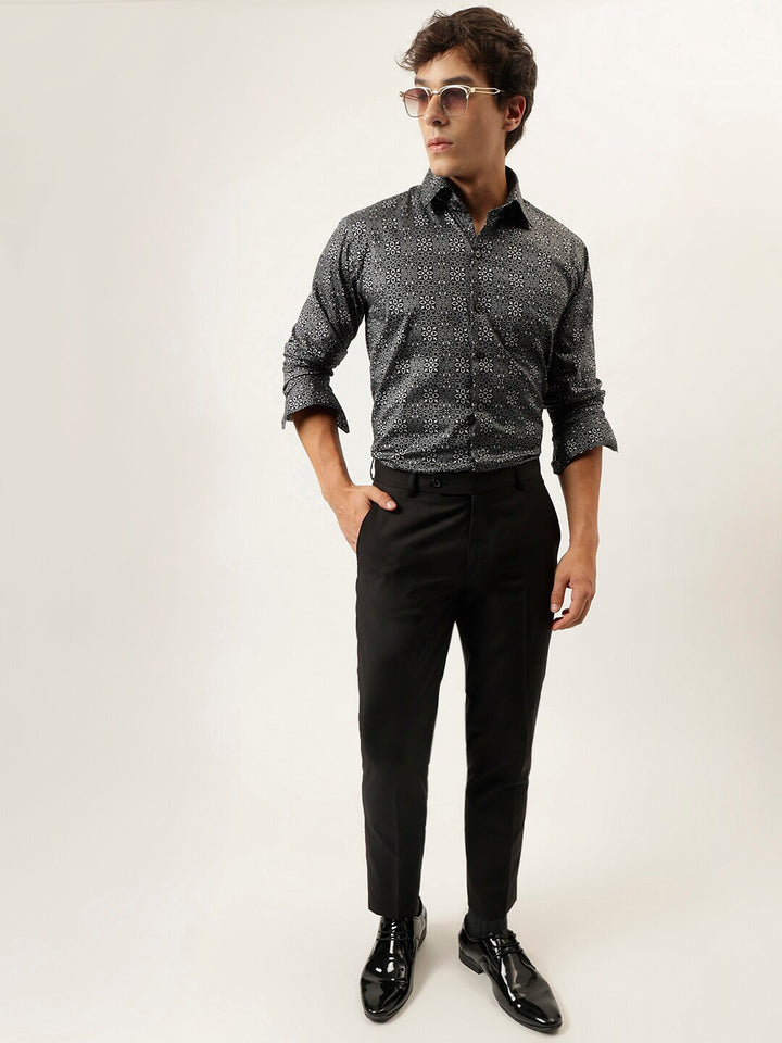 Men Grey & Black Pure Cotton Geometric Micro Ditsy Digital Printed  Slim Fit Party Shirt