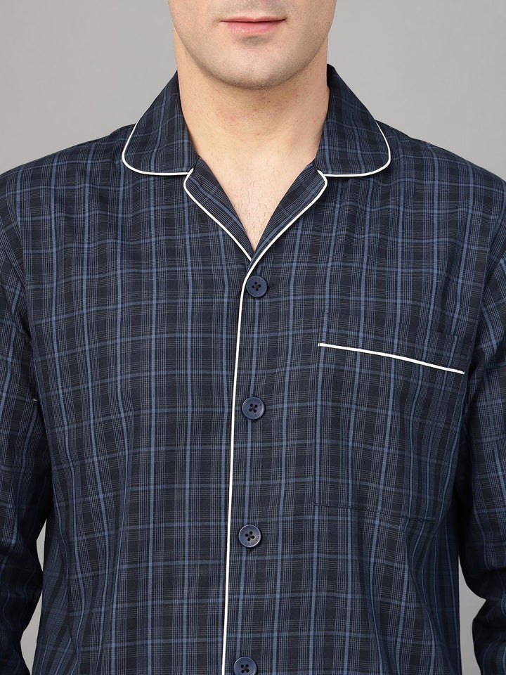Men Navy Blue Check Pure Cotton Relaxed Fit Night Wear Night Suit