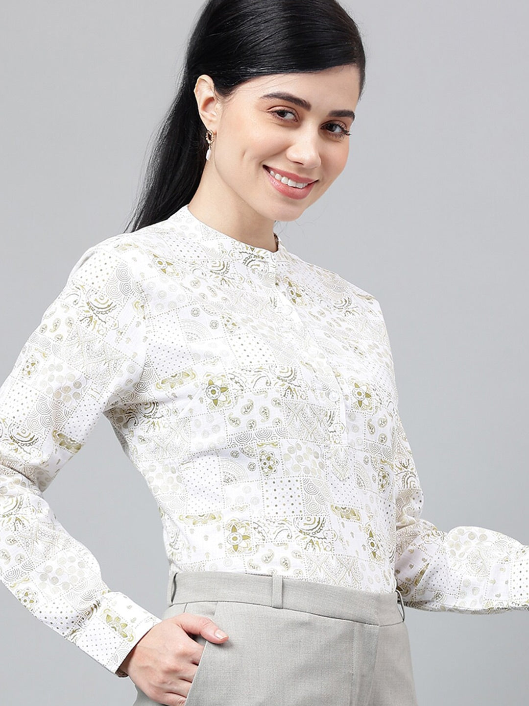 Women White & Green Floral Printed Pure Cotton Long sleeve Regular Fit Formal Top