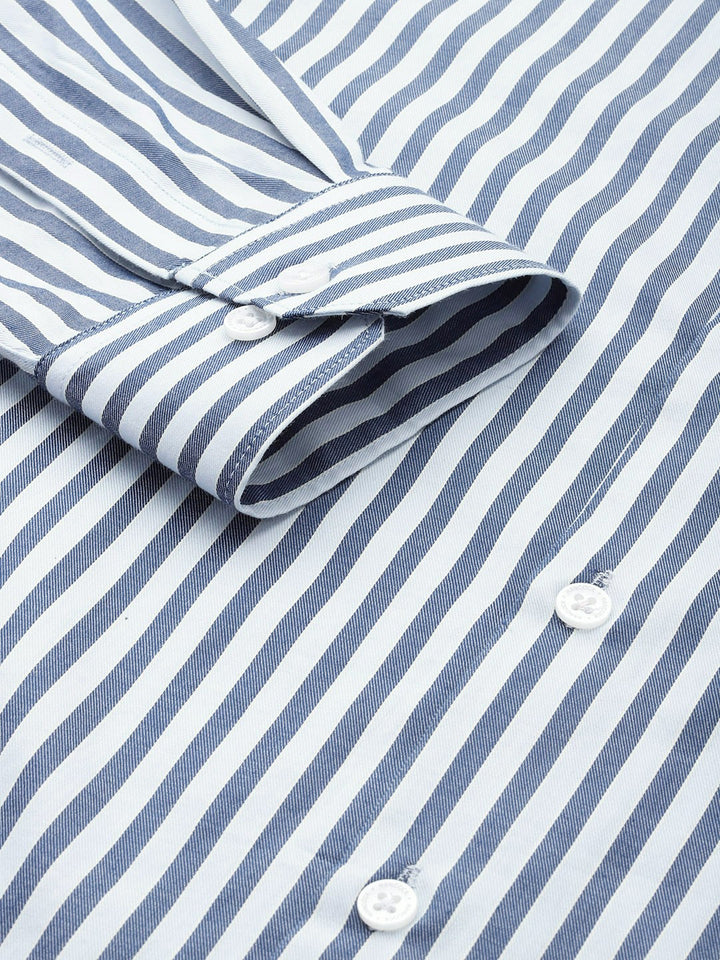 Men Blue-Navy Striped Pure Cotton Slim Fit Formal Shirt