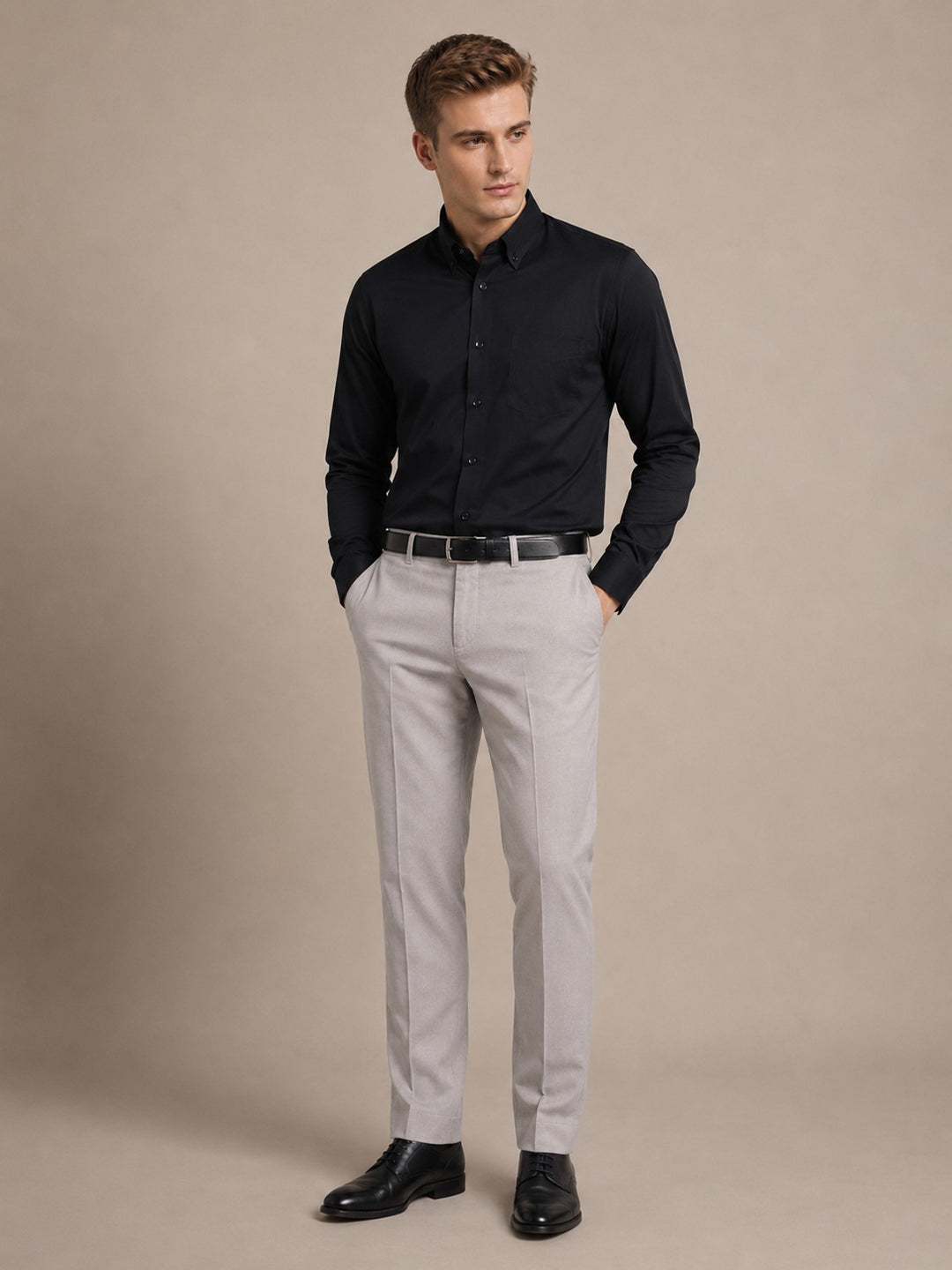 Men Black Solid Cotton Slim Fit Button Down Collar Formal Shirt