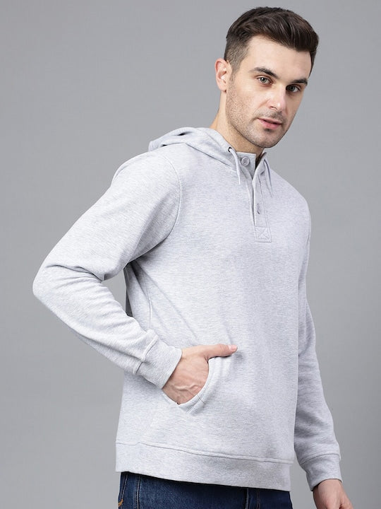 Men Melange Grey Solid Half Button Placket Long Sleeves Fleece Hooded Sweatshirt