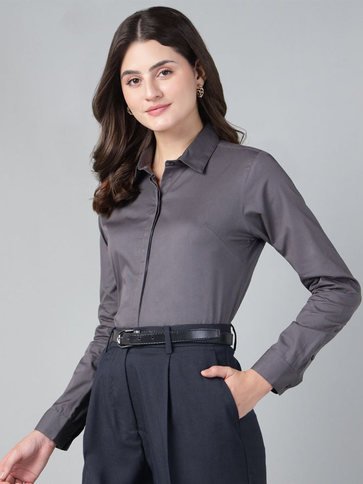 Hancock Women Dark Grey Solid Pure Cotton Regular Fit Formal Shirt