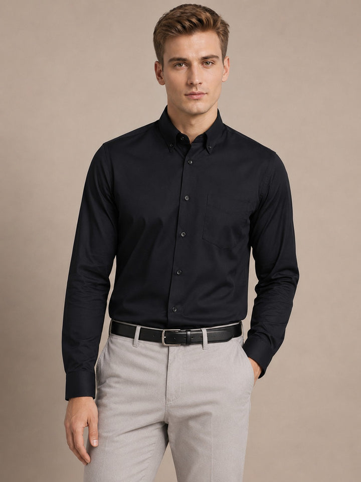 Men Black Solid Cotton Slim Fit Button Down Collar Formal Shirt
