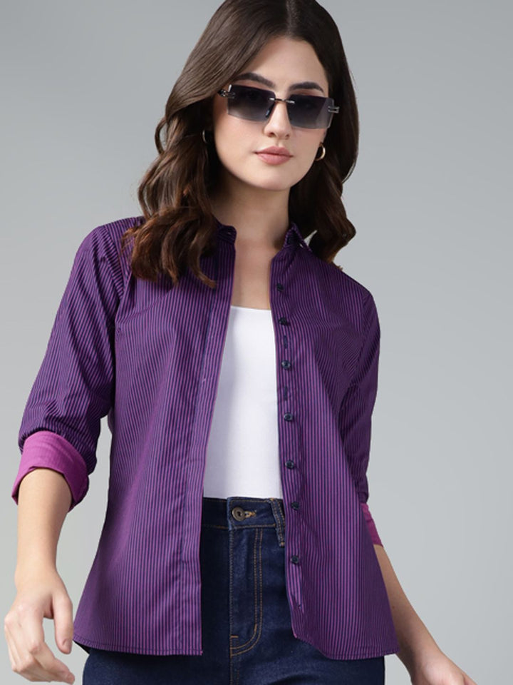Hancock Women Navy Blue Stripe Pure Cotton Slim Fit Casual Shirt