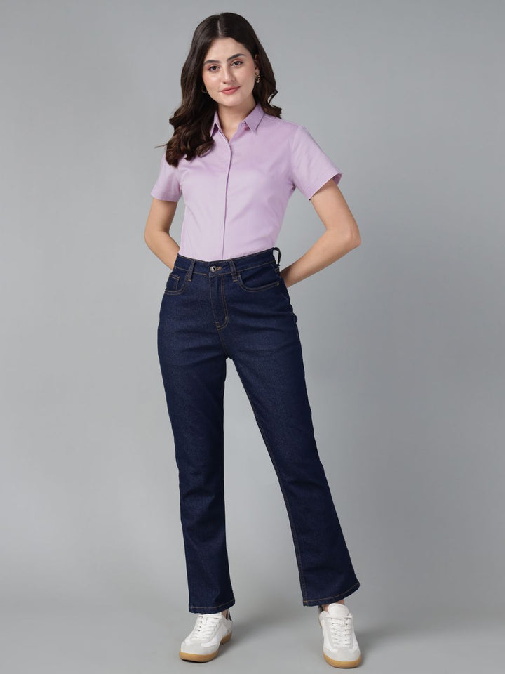 Hancock Women Lavender Solid Pure Cotton Short Sleeve Slim Fit Formal Shirt
