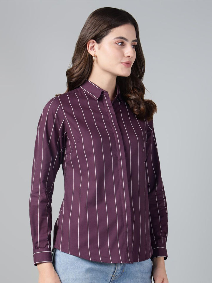 Hancock Women Wine Stripe Pure Cotton Slim Fit Casual Shirt