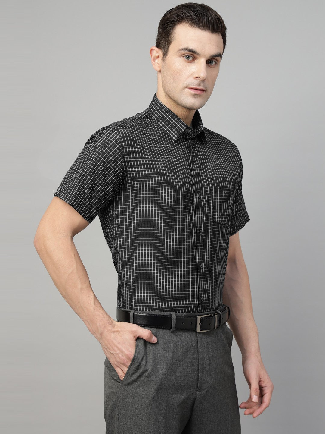 Men Black Check Cotton Slim Fit Formal Shirt
