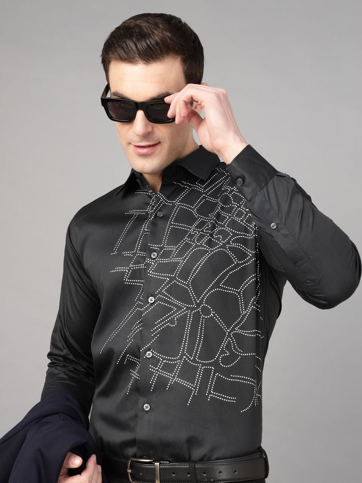 Hancock Men Black Print Wrinkle Free Pure Cotton Satin Slim Fit Party Shirt