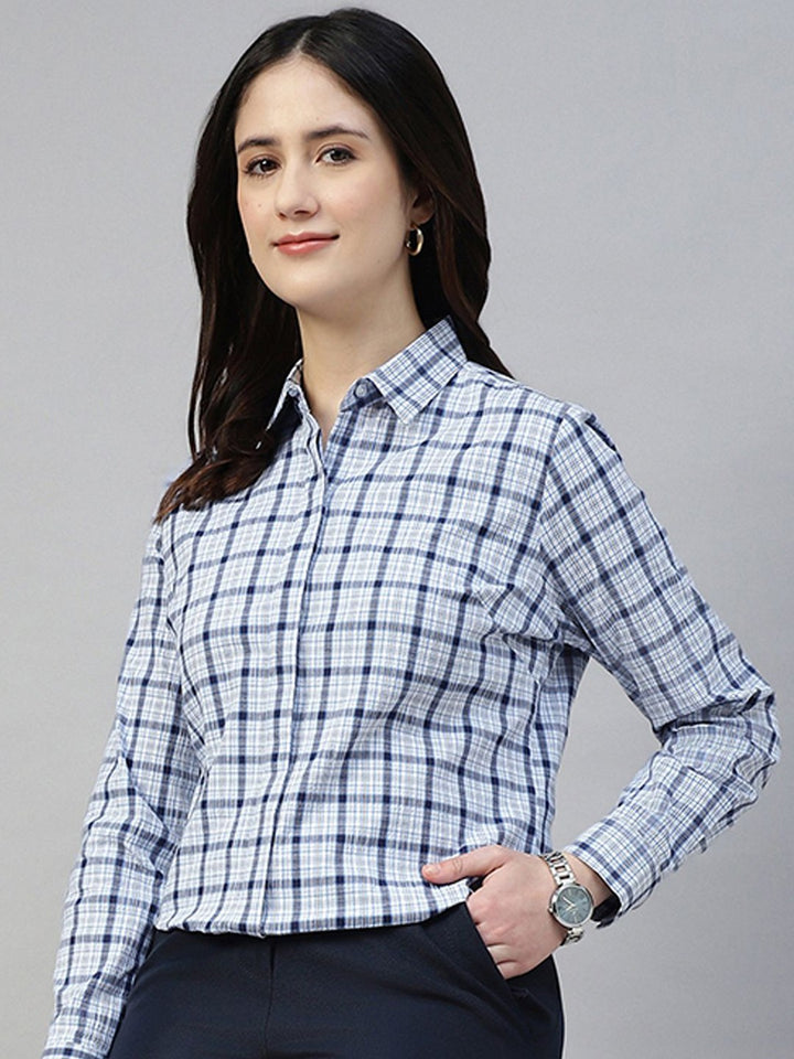 Hancock Women Blue Check Pure Cotton Regular Fit Formal Shirt