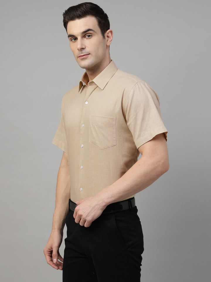 tan solid linen short sleeves shirt