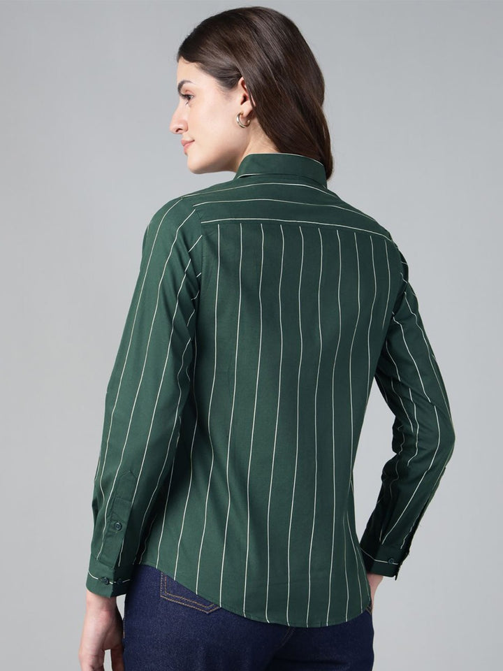 Hancock Women Bottle Green Stripe Pure Cotton Slim Fit Casual Shirt