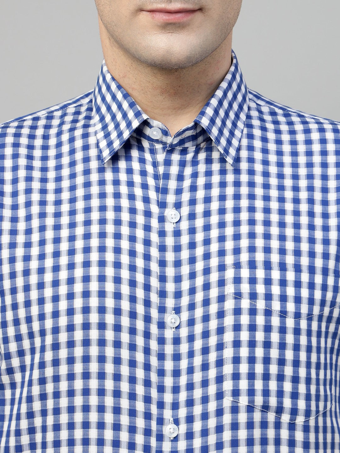 Men White & Blue Check Cotton Slim Fit Formal Shirt