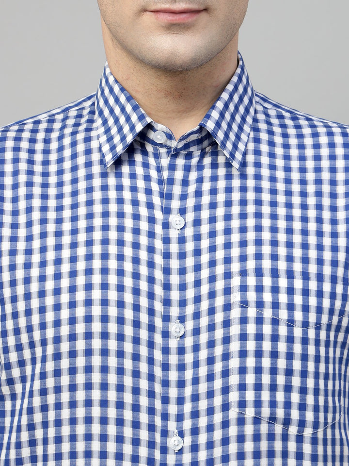 Men White & Blue Check Cotton Slim Fit Formal Shirt