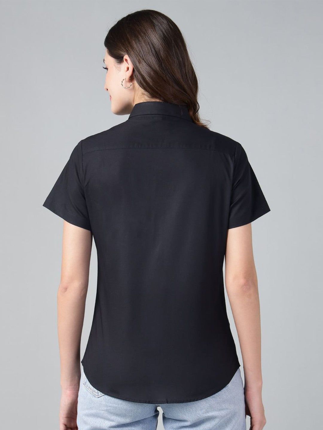 Hancock Women Black Solid Pure Cotton Short Sleeve Slim Fit Formal Shirt