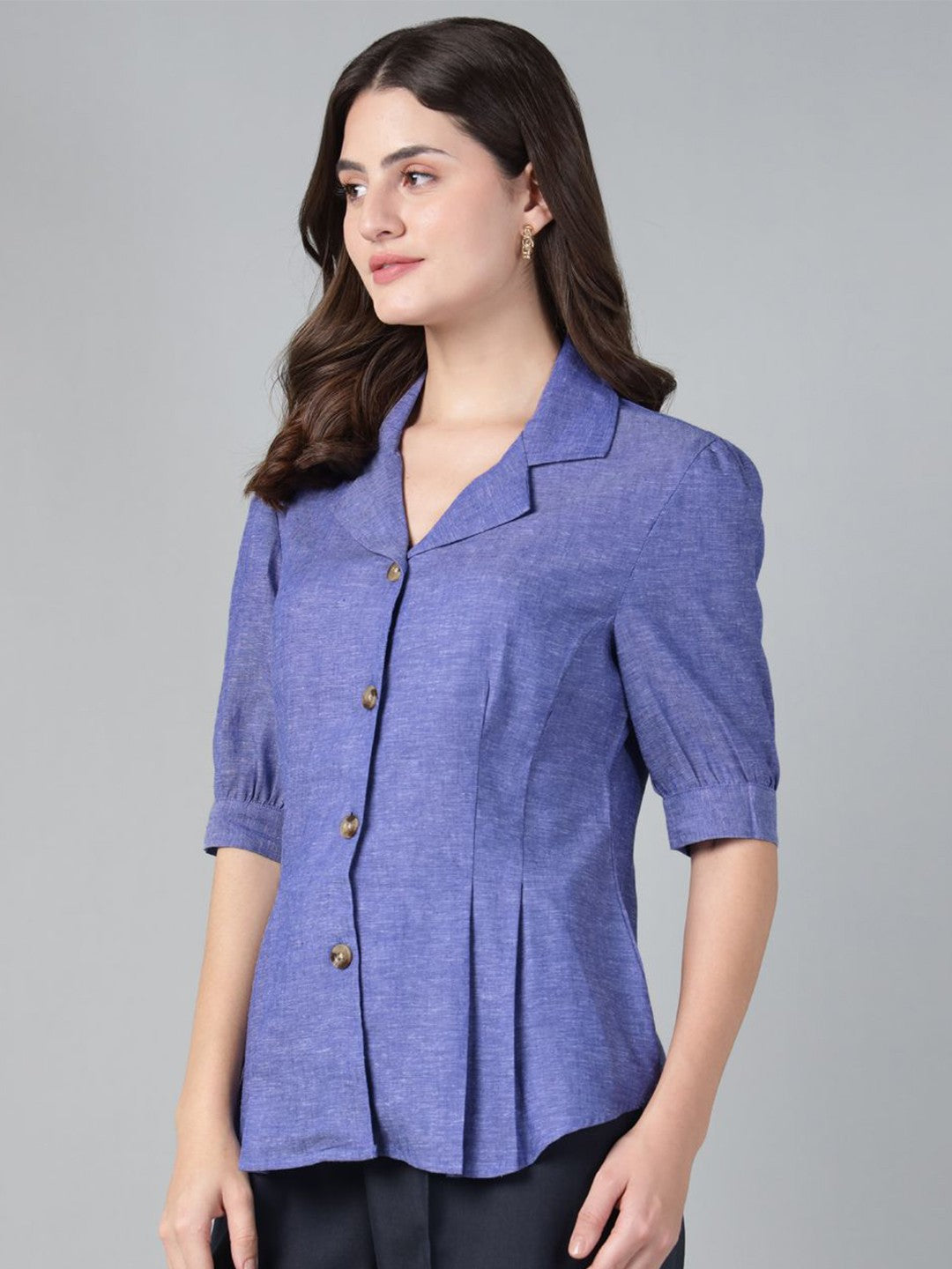 Hancock Women Royal Blue Solid Pure Cotton Cuban collar Pleated Regular Fit Formal Shirt Hancock Women Royal Blue Solid Pure Cotton Cuban collar Pleated Regular Fit Formal Shirt