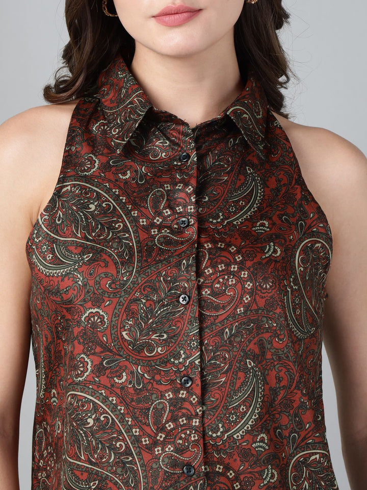 Hancock Women Maroon Print Pure Cotton Sleeveless Regular Fit Casual Shirt
