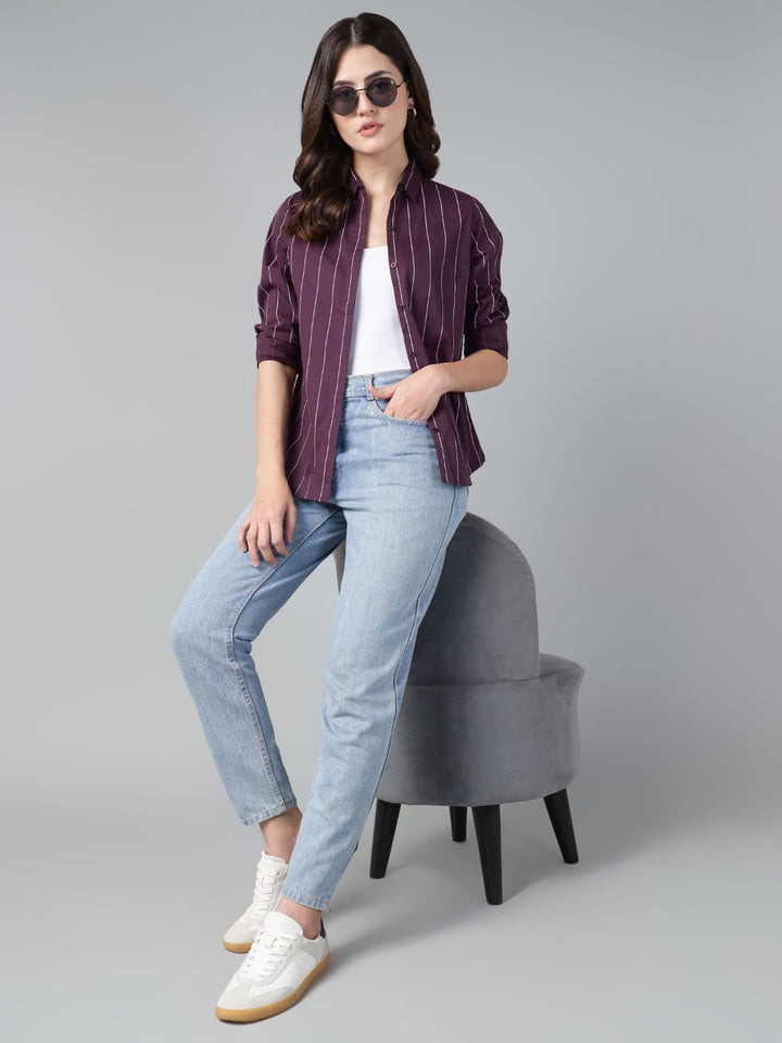 Hancock Women Wine Stripe Pure Cotton Slim Fit Casual Shirt