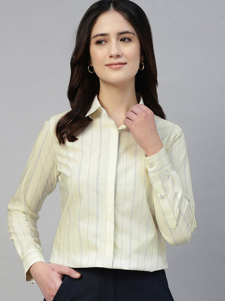 Hancock Women Cream Stripe Pure Cotton Regular Fit Formal Shirt