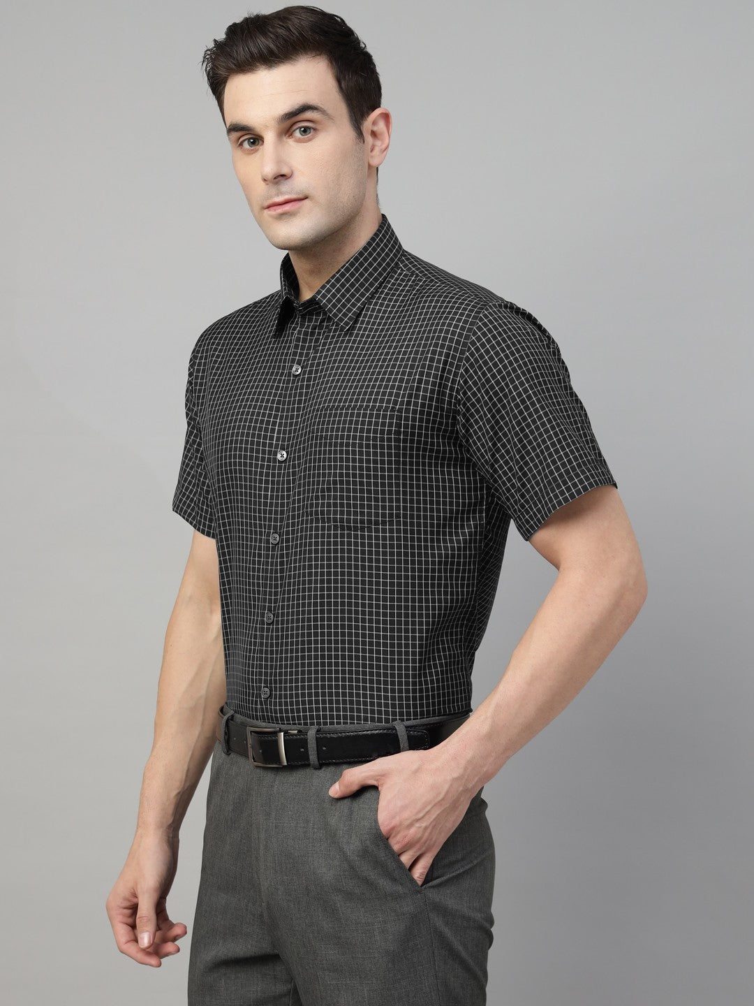 Men Black Check Cotton Slim Fit Formal Shirt