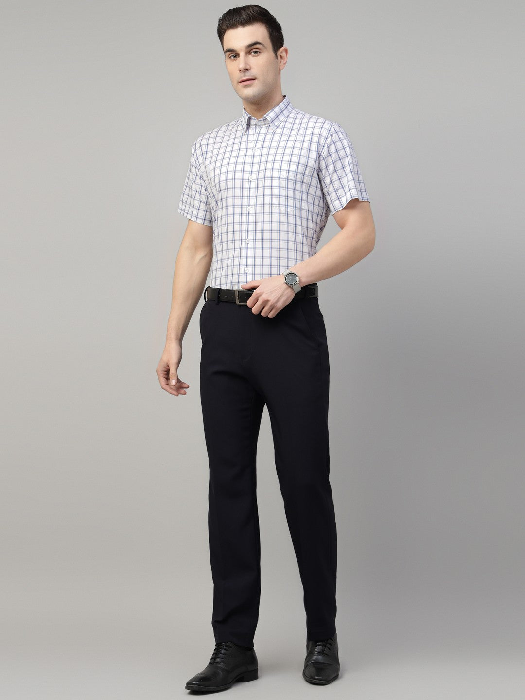 White tartan checked pure cotton button down short sleeves shirt