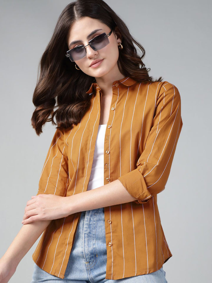 Hancock Women Mustard Stripe Pure Cotton Slim Fit Casual Shirt