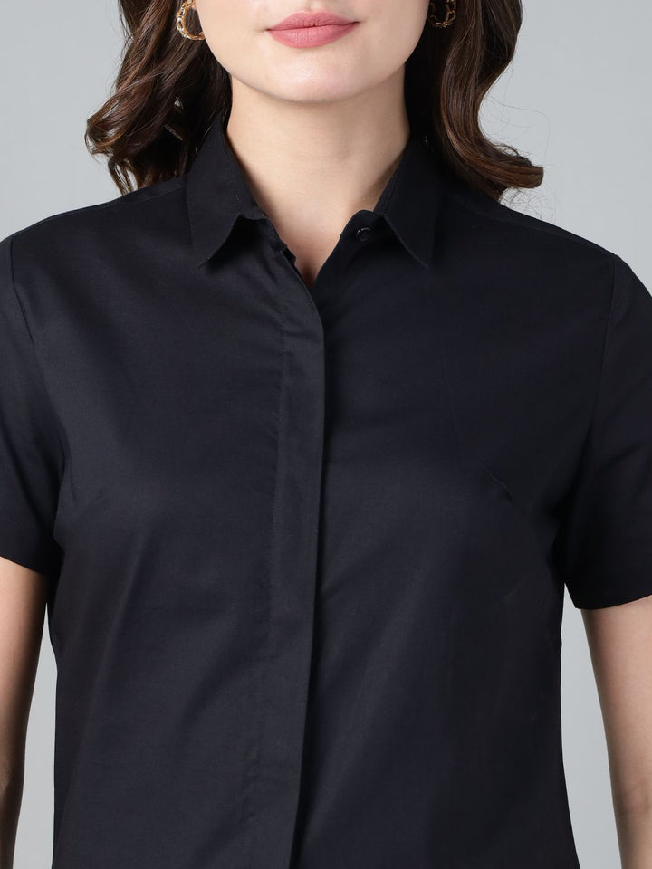 Hancock Women Black Solid Pure Cotton Short Sleeve Slim Fit Formal Shirt