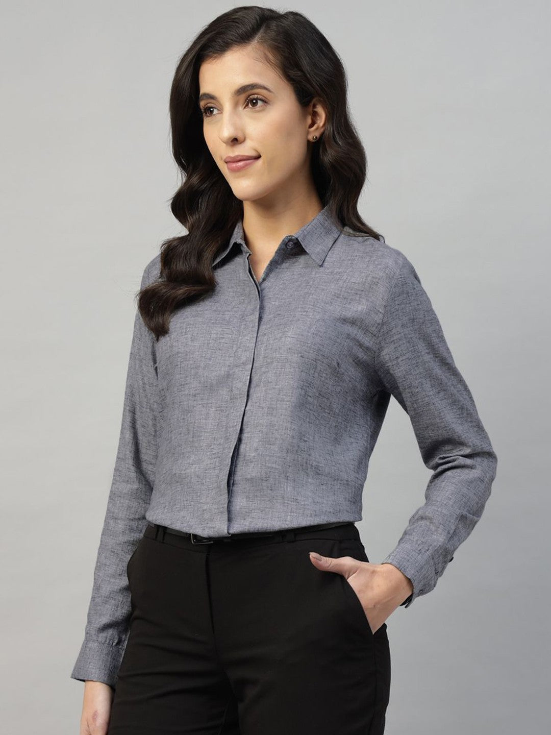Hancock Women Grey Solid Pure Cotton Regular Fit Formal Shirt