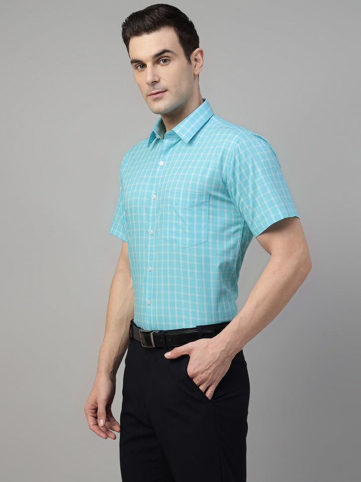 Blue tartan checked pure cotton short sleeves shirt 