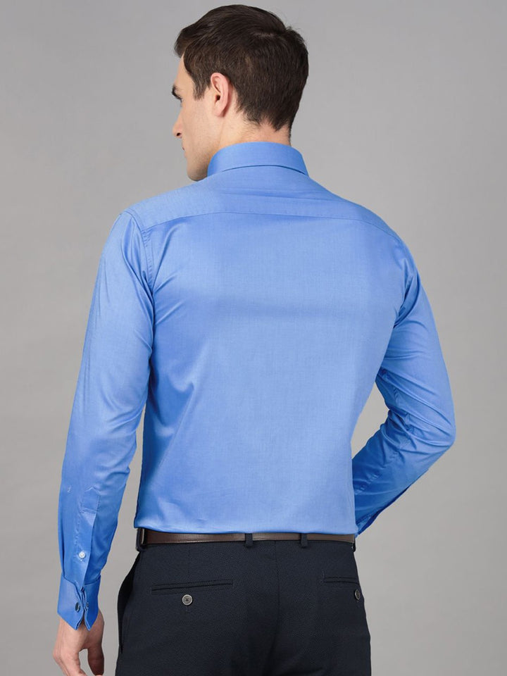 Hancock Men Blue Solid Pure Cotton Chambray Slim Fit French Cuff Formal Shirt