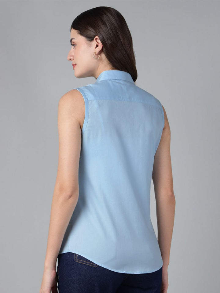 Hancock Women Sky Blue Solid Pure Cotton Sleeveless Slim Fit Casual Shirt