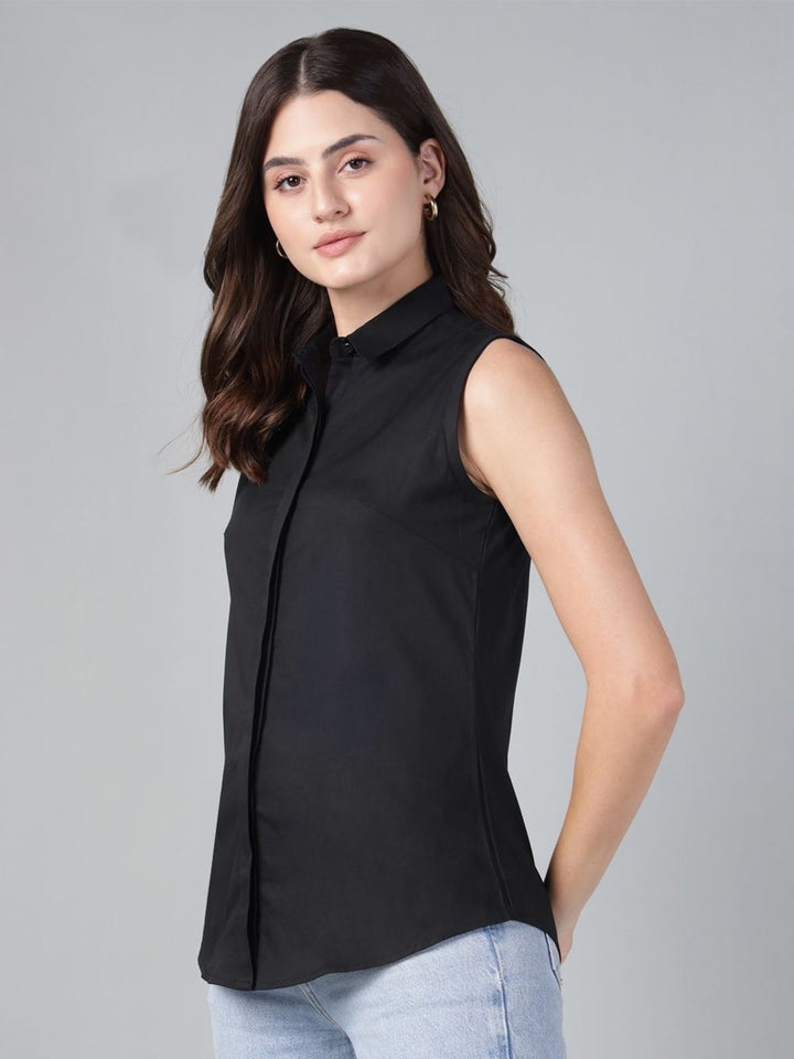 Hancock Women Black Solid Pure Cotton Sleeveless Slim Fit Casual Shirt
