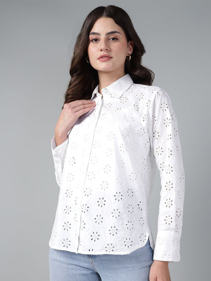 Hancock Women White Solid Schiffli Pure Cotton Relaxed Fit Casual Shirt