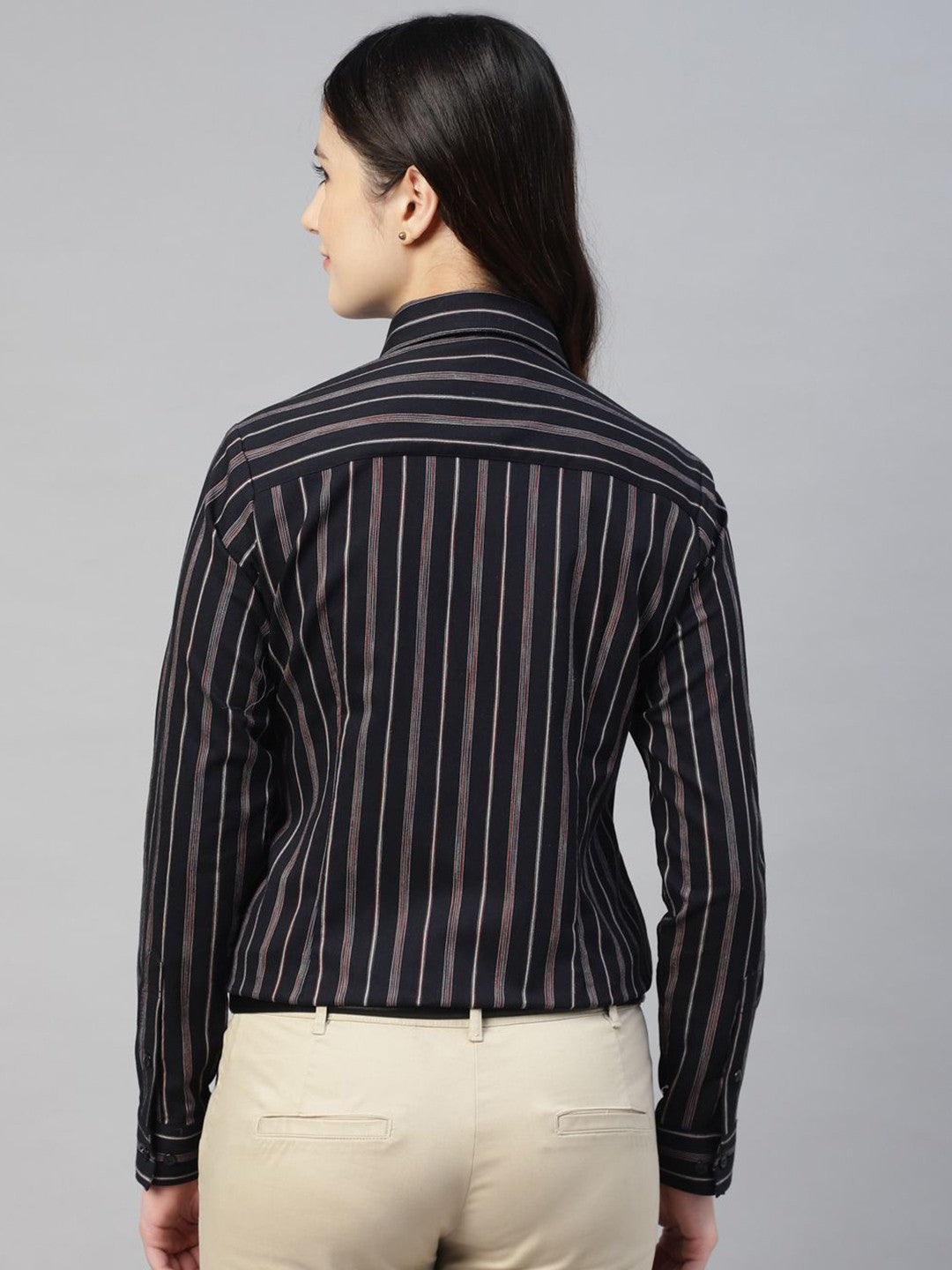 Hancock Women Navy Blue Stripe Pure Cotton Regular Fit Formal Shirt