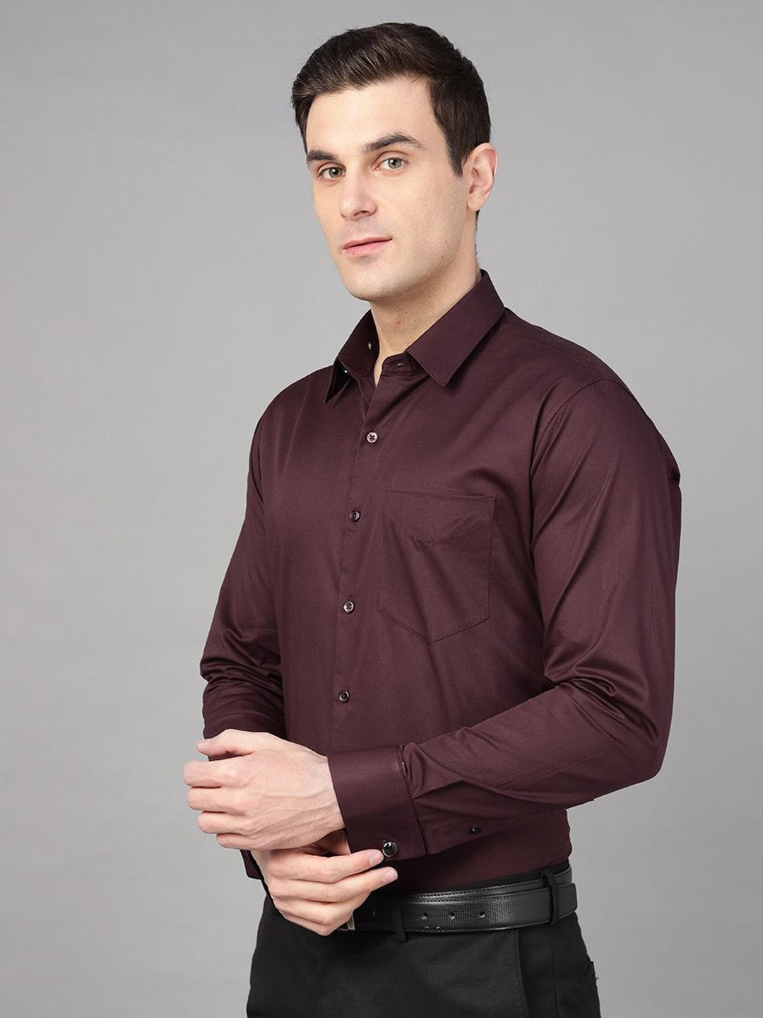 Hancock Men Wine Solid Pure Cotton Slim Fit Formal Shirt