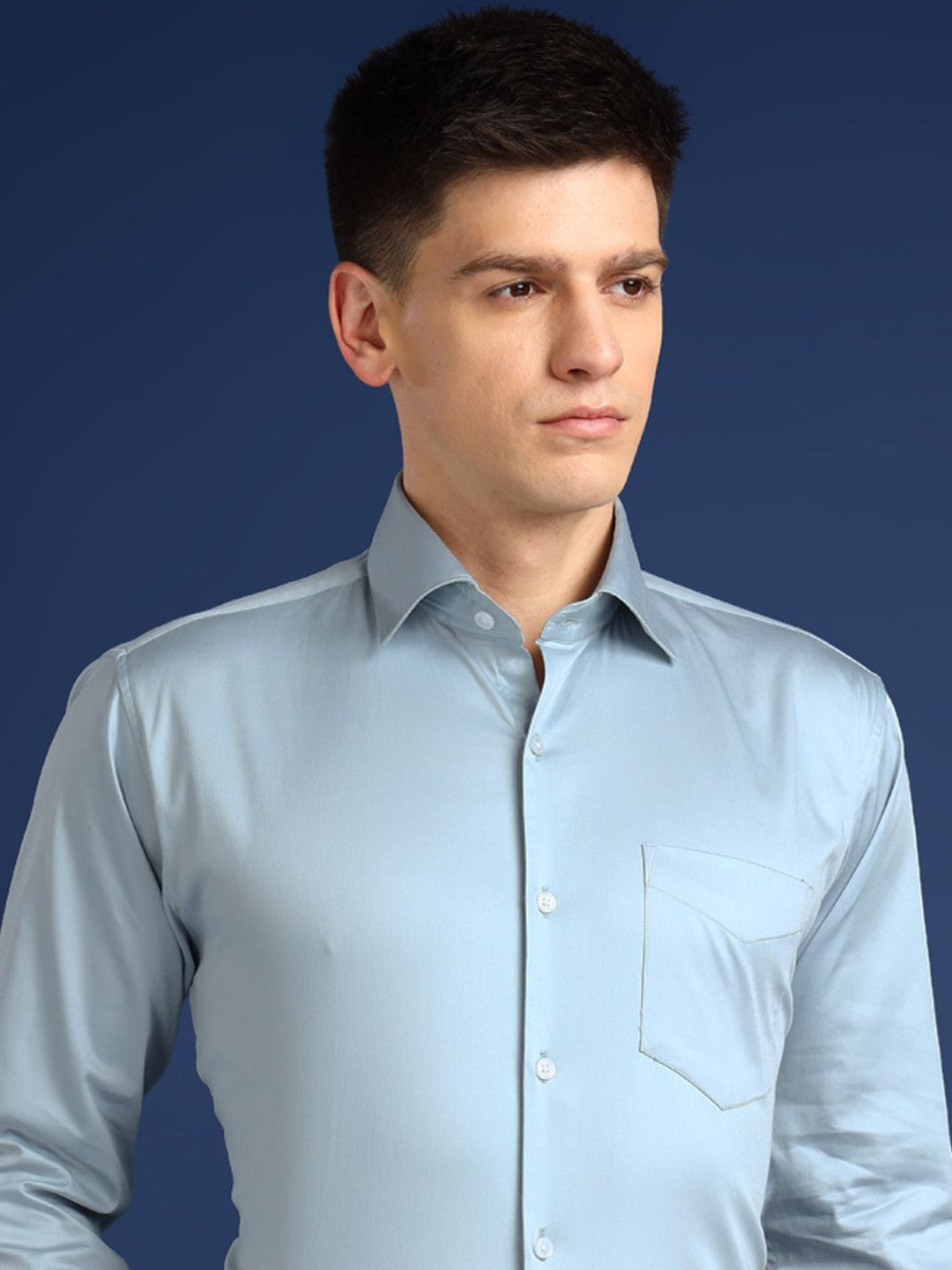Hancock Men Turquoise Solid Cotton Elastene Slim Fit Party Shirt