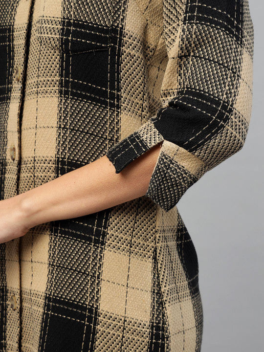 Women Beige & Black Check Pure Cotton Regular Fit Formal Dress