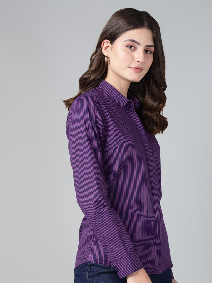 Hancock Women Navy Blue Stripe Pure Cotton Slim Fit Casual Shirt