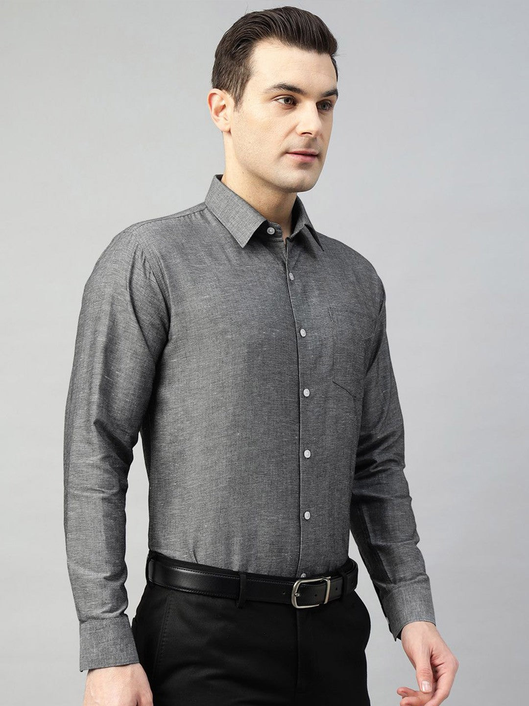 Hancock Men Grey Solid Linen Cotton Slim Fit Formal Shirt
