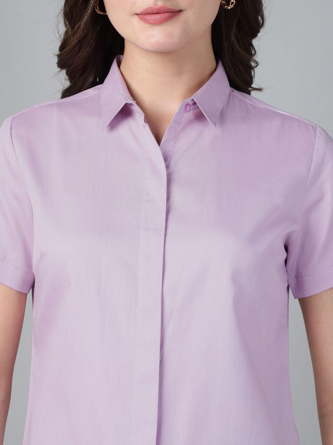 Hancock Women Lavender Solid Pure Cotton Short Sleeve Slim Fit Formal Shirt