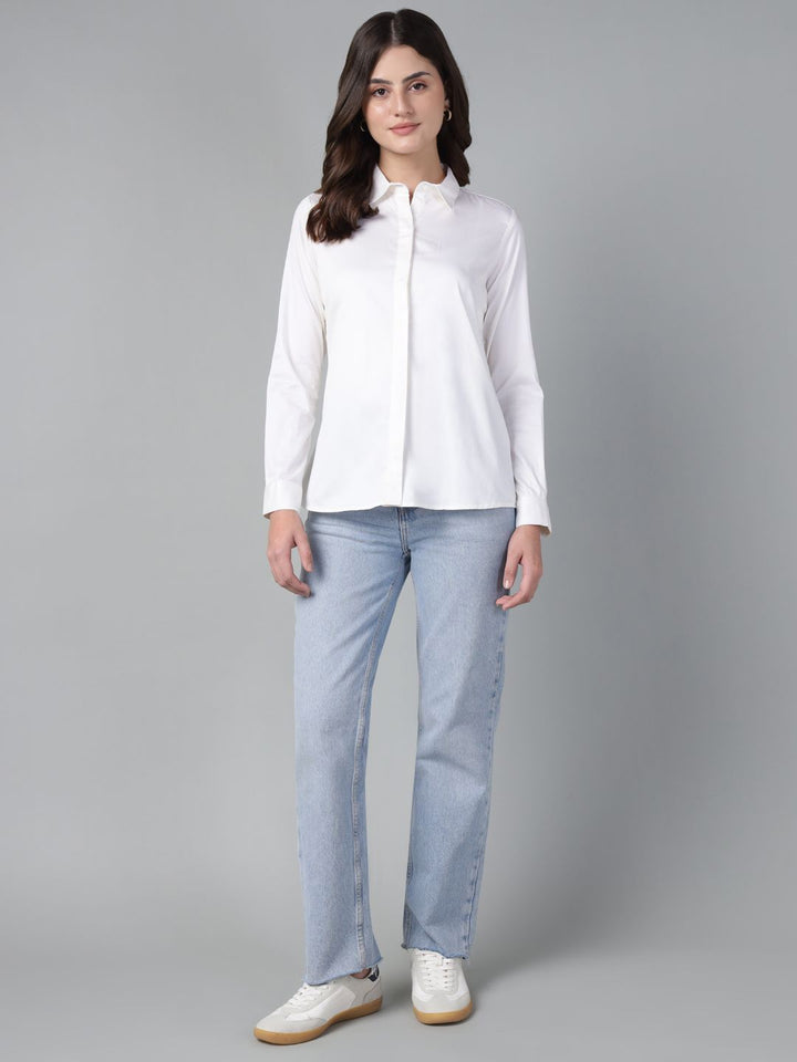 Hancock Women White Solid Pure Cotton Regular Fit Casual Shirt