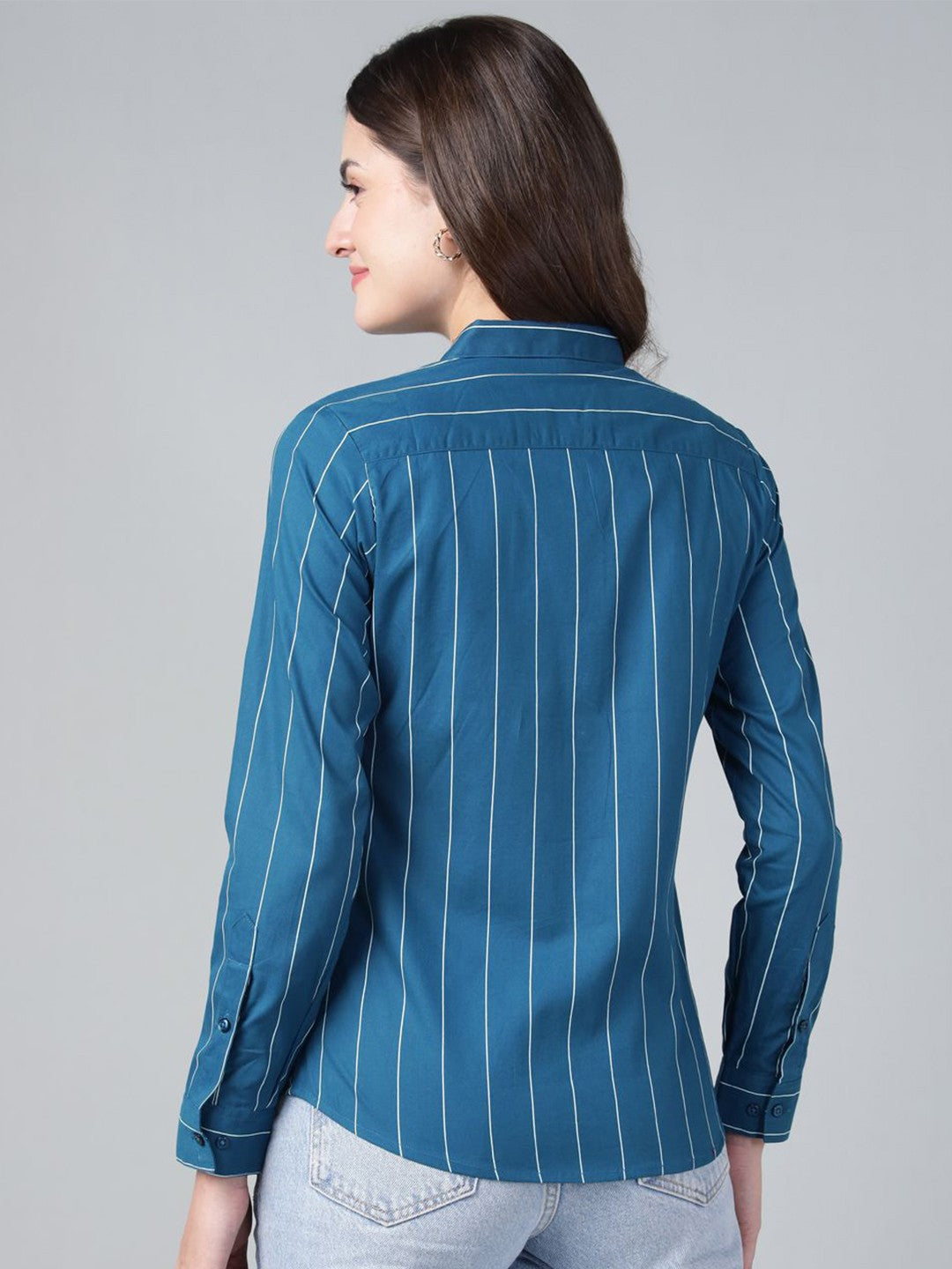 Hancock Women Turquoise Blue Stripe Pure Cotton Slim Fit Casual Shirt