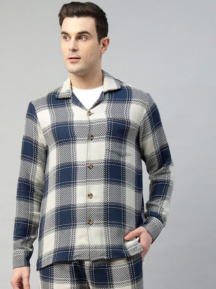 Hancock Men Cream & Navy Blue Check Pure Cotton Relaxed Fit Night Wear Night Suit