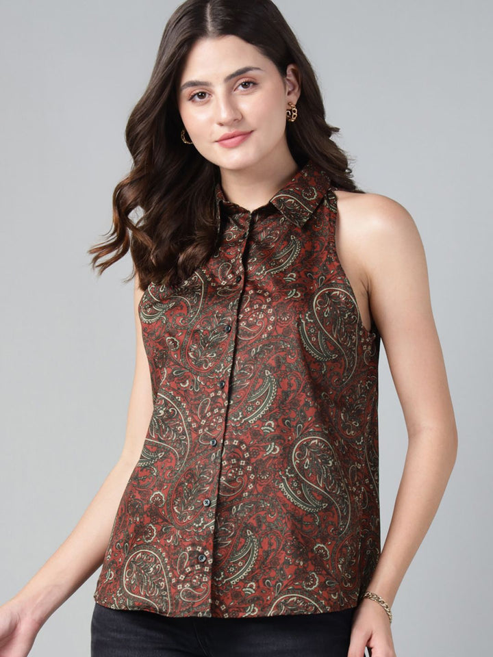Hancock Women Maroon Print Pure Cotton Sleeveless Regular Fit Casual Shirt